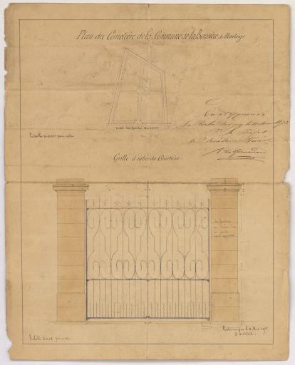Demande de reconstruction des murs de clôture : plans du cimetière et de la grille d'entrée / Signé par : [Guillerot, architecte].